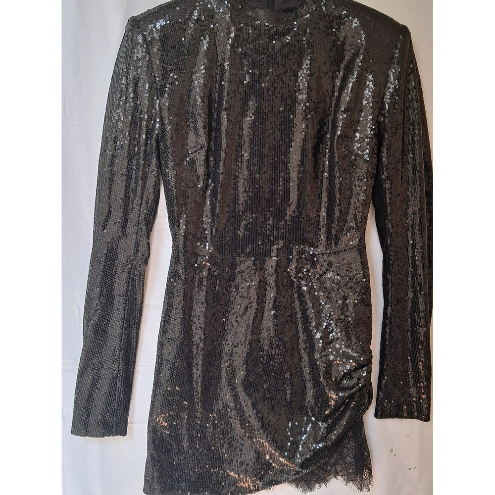 House‎ of CB Black Sequin Mock Neck Long Sleeve Ruched Lace Trim Mini Dress S - Picture 1 of 14